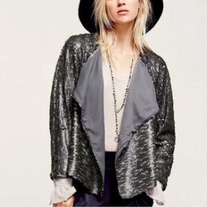 NEW Sz XS Free People Dark Gray Drippy Sequin Open Front Jacket